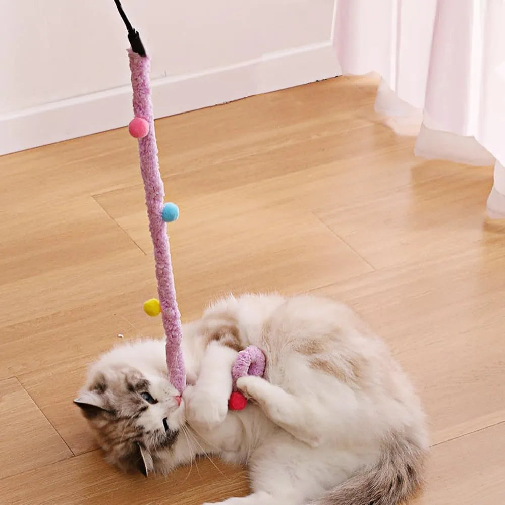 Blue interactive cat teaser wand with long plush strip, fluffy ball, and bell on a 41cm pole.