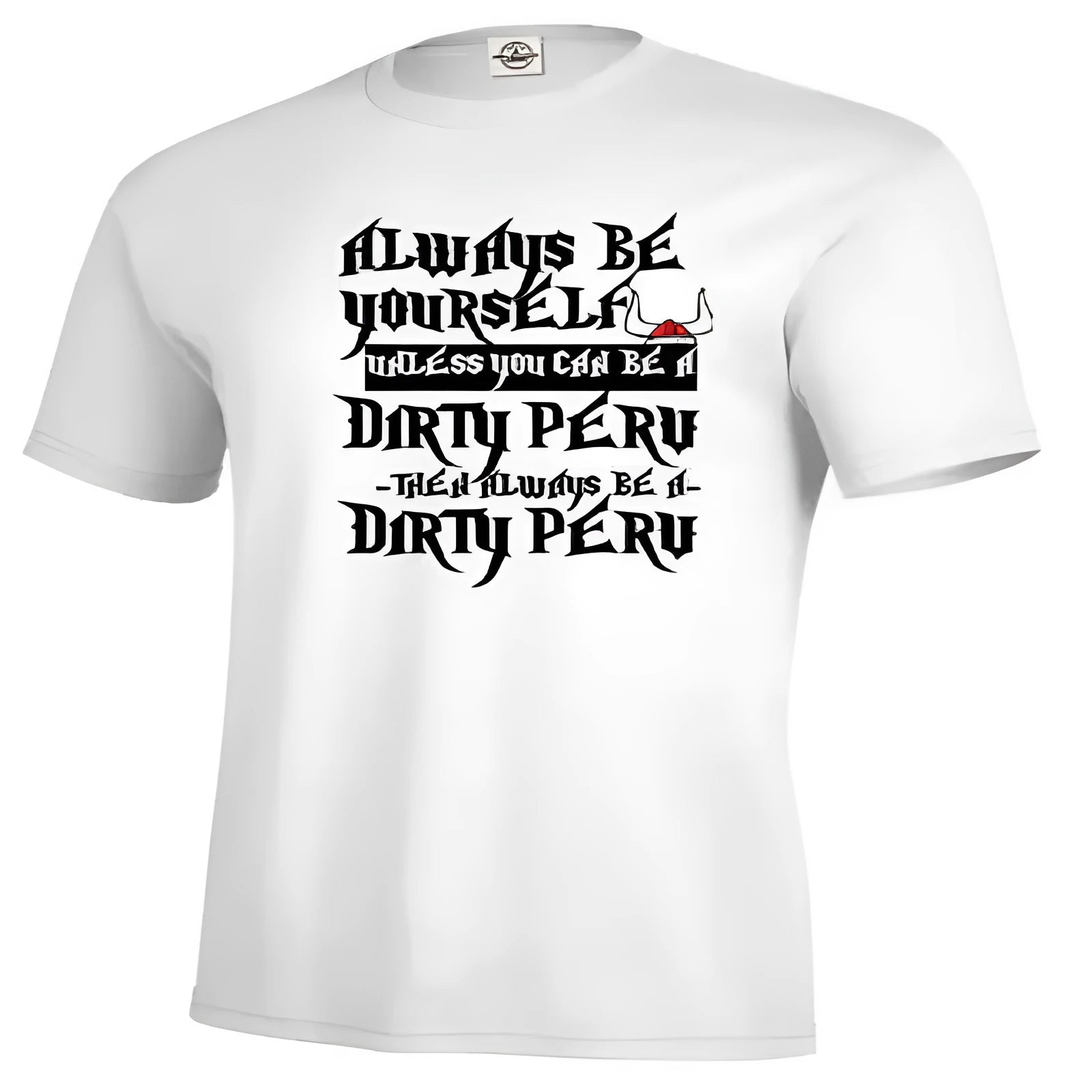 Men's white short sleeve polo shirt with printed design, straight cut casual style