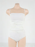 Blue women's one-piece swimsuit with sling neck and pleated front on a mannequin