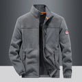Man wearing a solid-colour grey thickening spandex fleece cardigan jacket with zipper pockets.