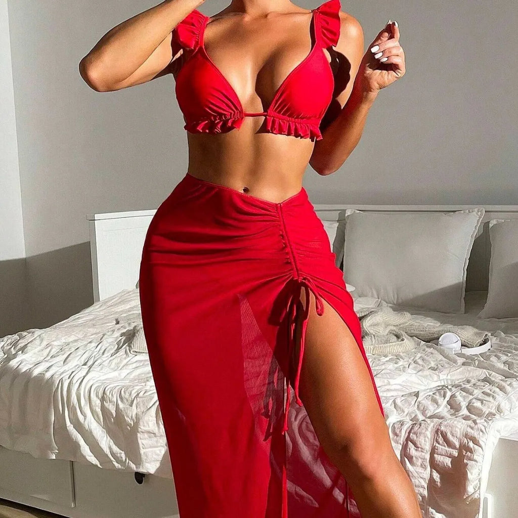 Women's printed three-piece swimsuit set with skirt component in multiple colour options