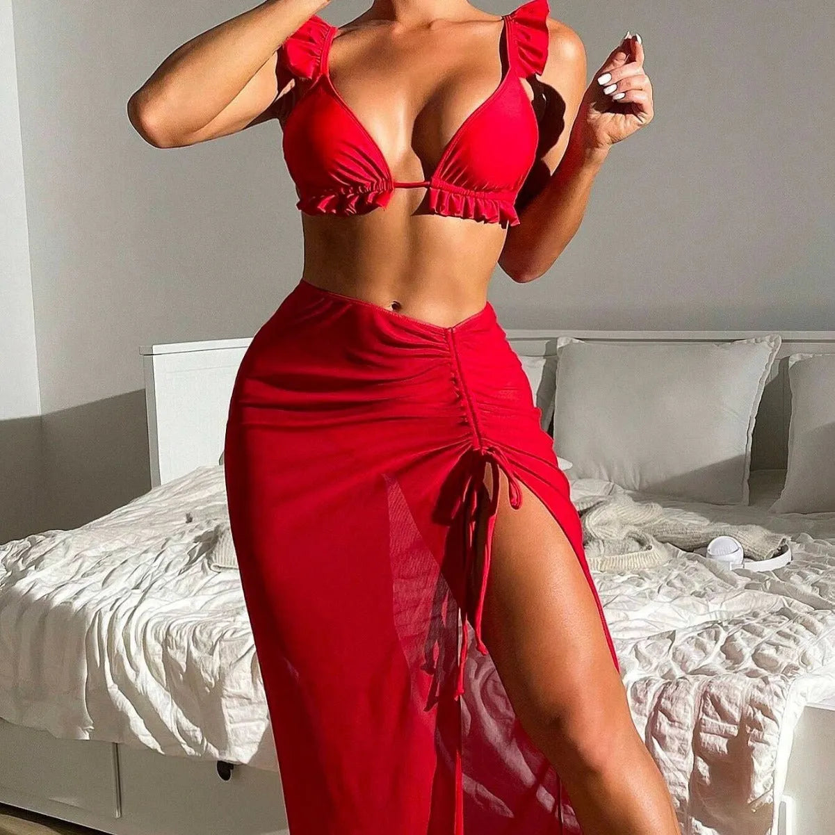 Women's printed three-piece swimsuit set with skirt component in multiple colour options