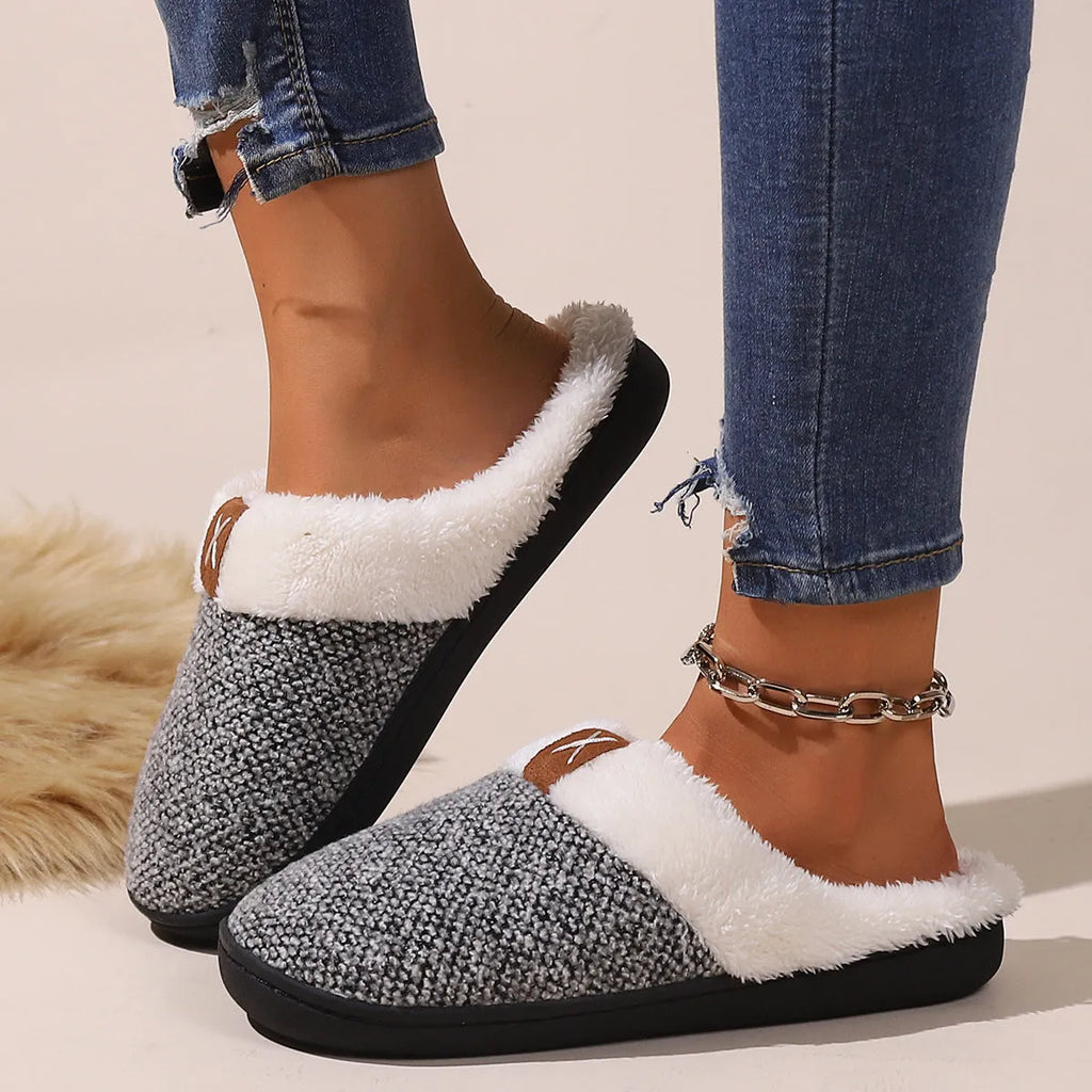 Winter plush slippers with thick bottom and round toe, unisex indoor house shoes in burgundy color