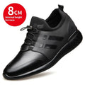 Men's black height increasing casual shoes with 8cm lift in leather, mesh, and Lycra upper options