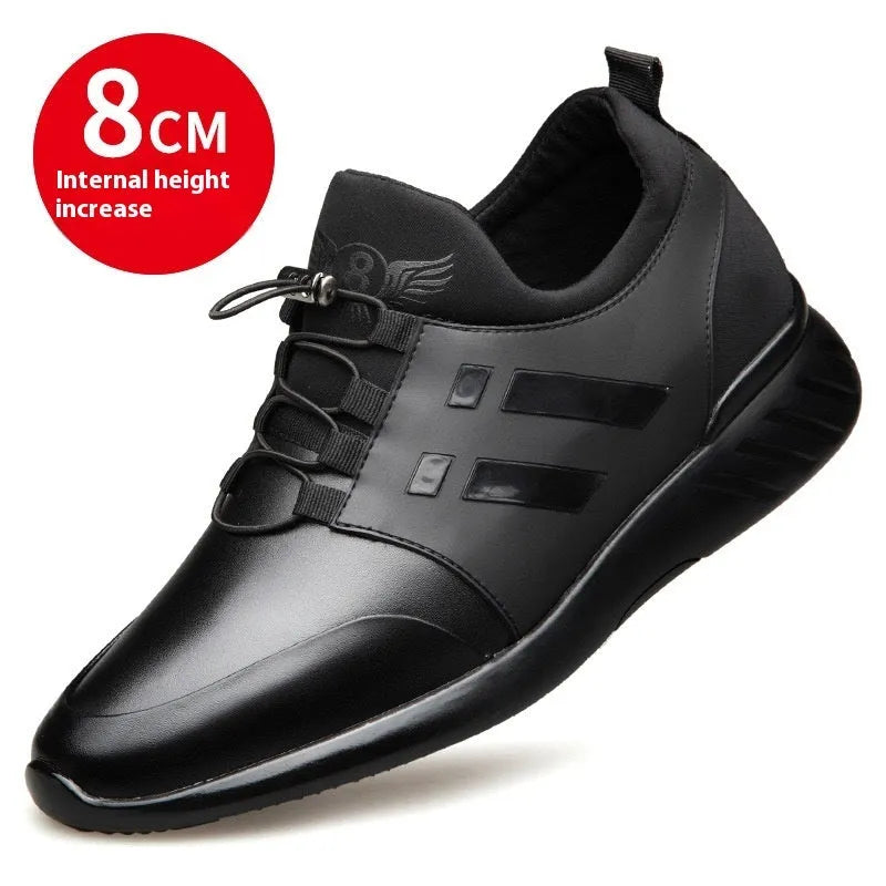 Men's black height increasing casual shoes with 8cm lift in leather, mesh, and Lycra upper options