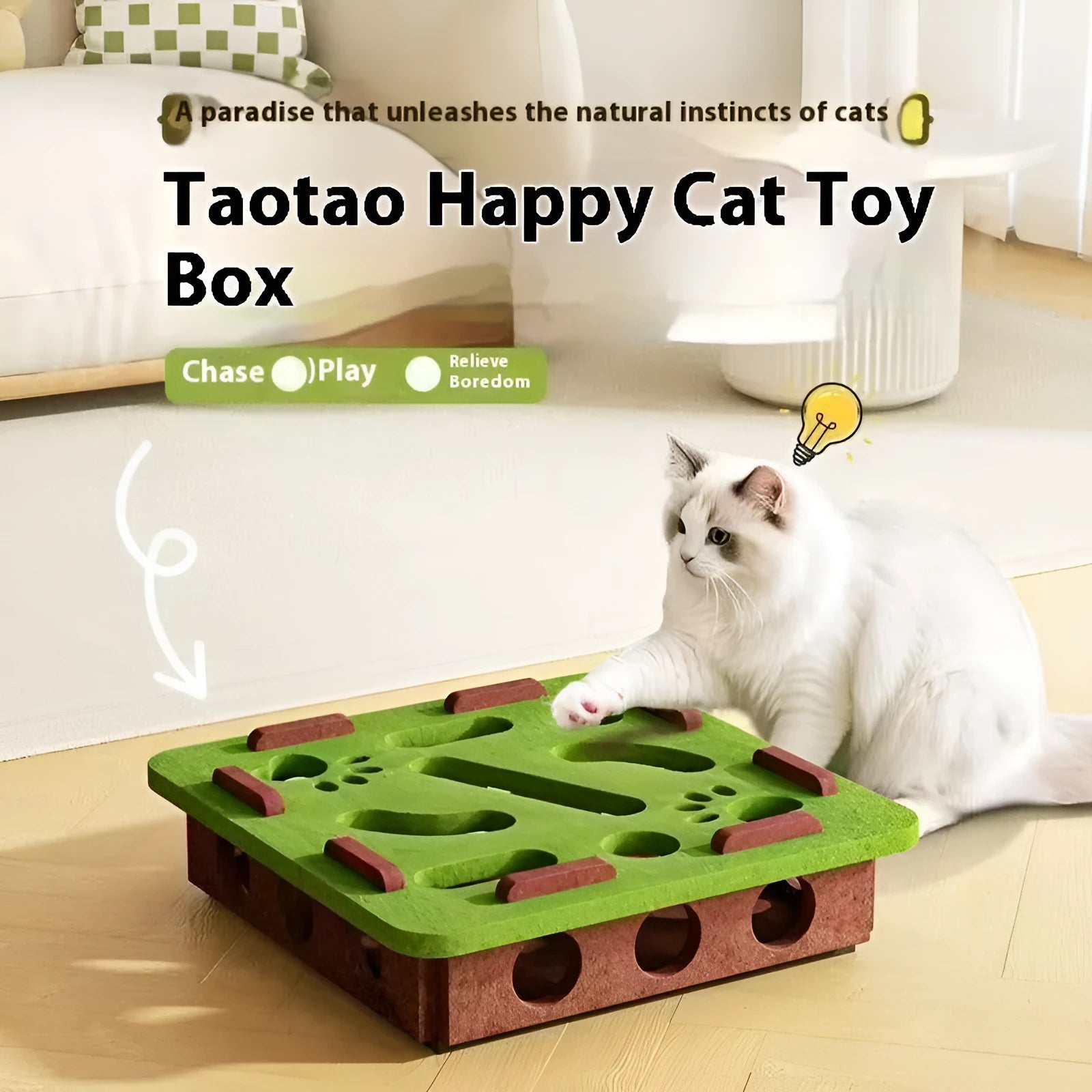 Green brown felt cat toy box with self-hi feature measuring 30cm square