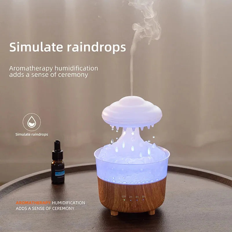 Wood grain white cloud-shaped humidifier with coloured LED lights and gentle mist emission