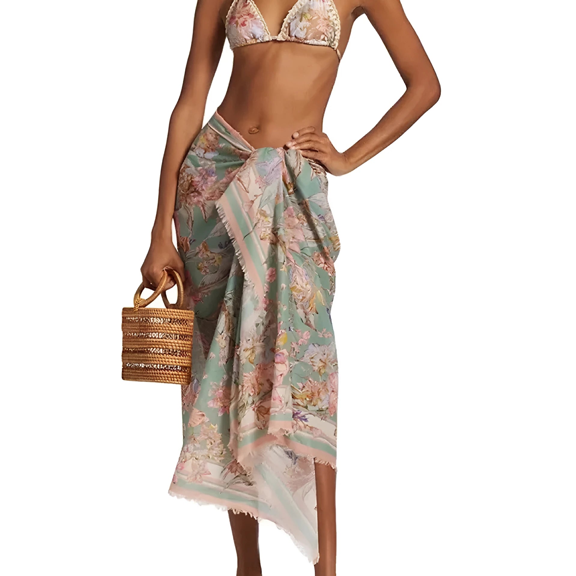 Women's creamy-white floral bikini suit with top, underwear, and matching skirt