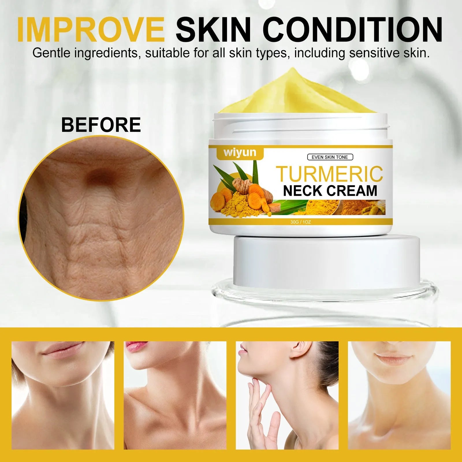 Turmeric neck cream 30g in a compact white container with green lid, hyaluronic acid and retinol formula