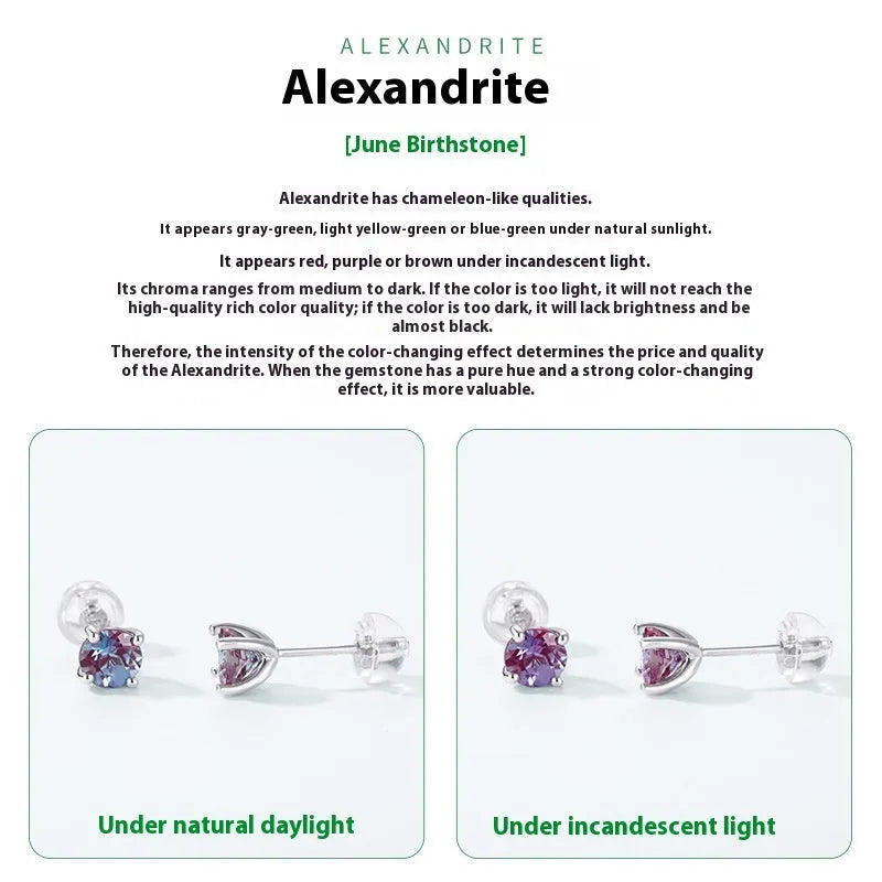 Simple geometric round ear studs in silver with a purple-green cultivate Alexandrite stone.