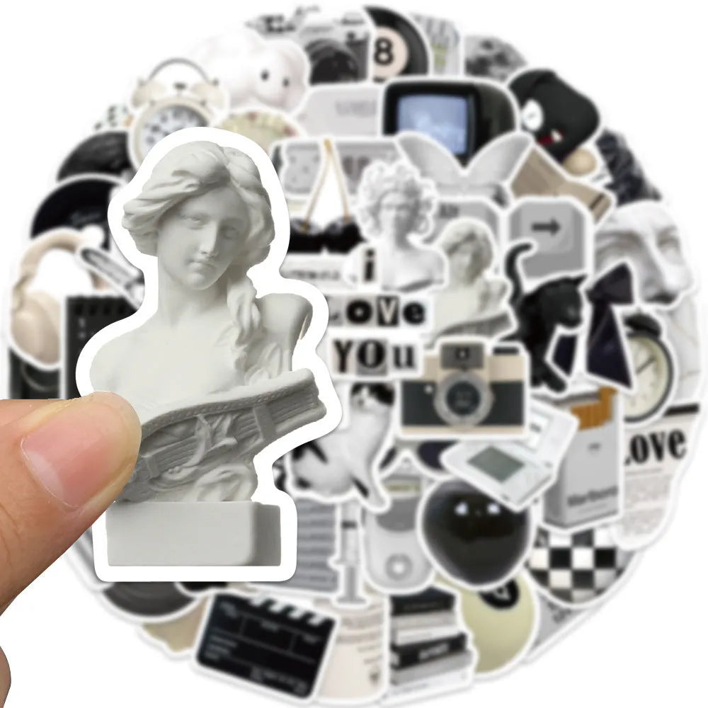 Black and white PVC waterproof sticker set with 61 pieces for laptop phone luggage customisation