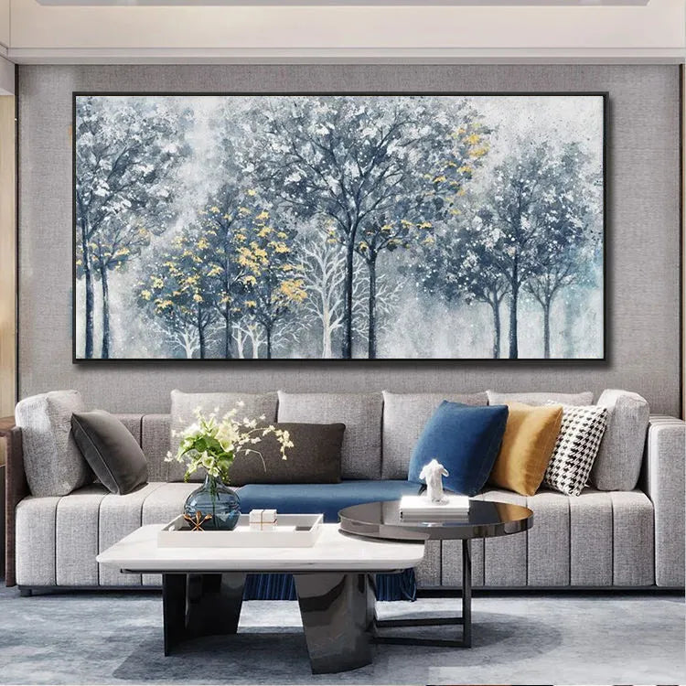 Handmade abstract silver-gray blue golden forest tree texture oil painting on canvas horizontal