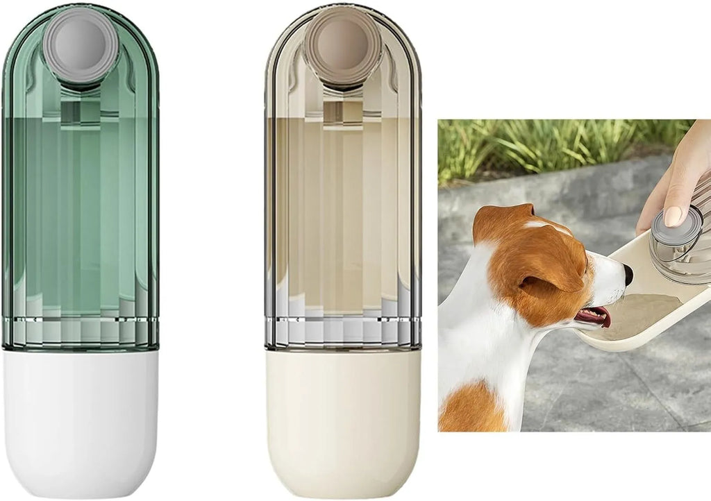 Beige or green foldable dog water bottle with food container, showing large drinking opening and compact size.