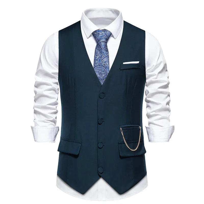 Men's solid colour V-neck single breasted chain vest in slim fit, shown in gray for spring light business wear