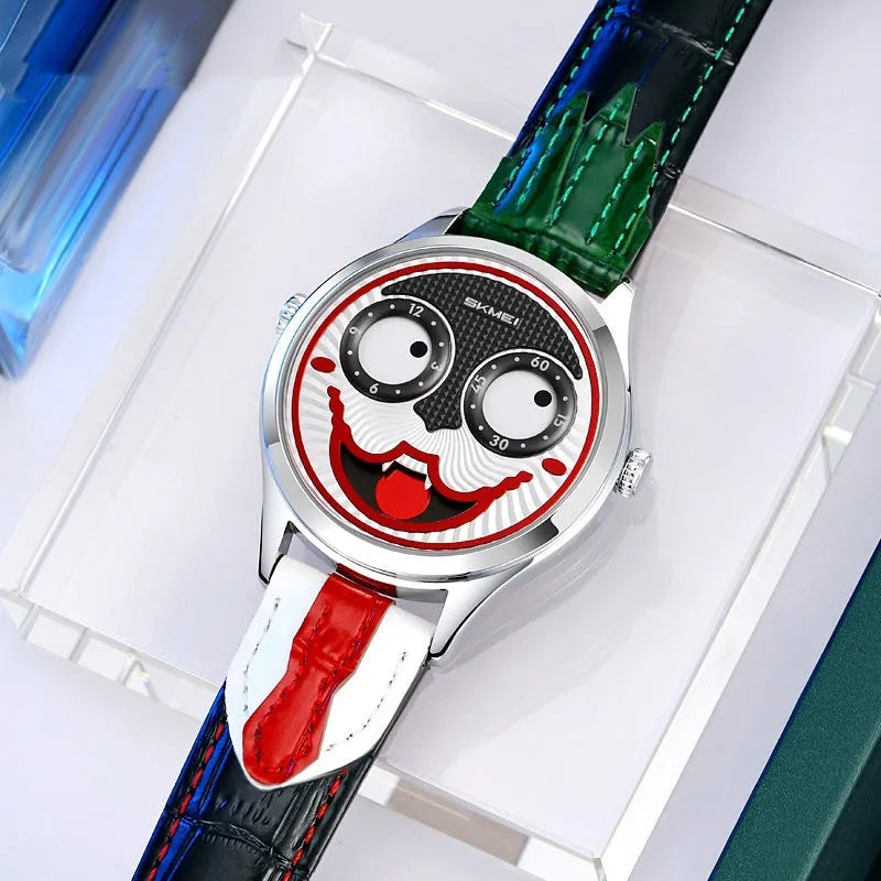 SKMEI men's round analogue watch with clown dial, black strap, and alloy case