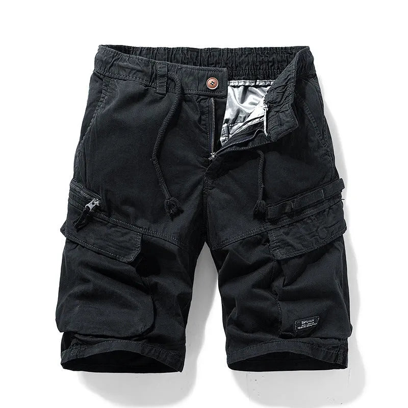 Men's army green cotton shorts with zipper fly and multiple pockets, shown in a Korean-style fit.