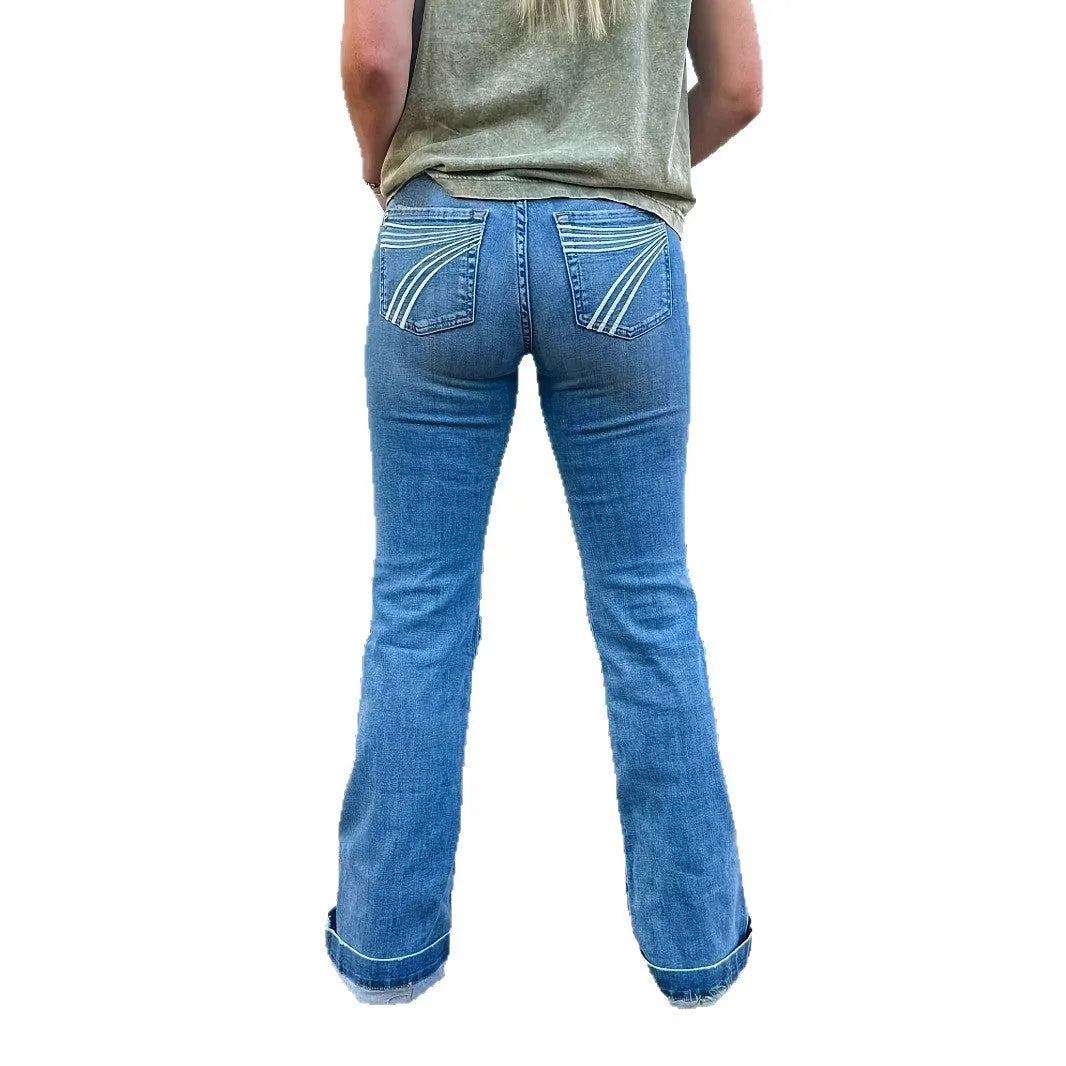 Slim fit embroidered flared jeans in cotton denim with street hipster styling