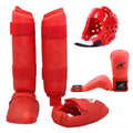 Complete martial arts protective gear set with red leg guards, helmet and boxing gloves