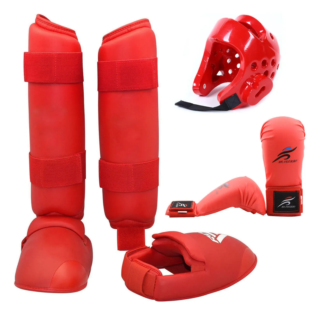 Complete martial arts protective gear set with red leg guards, helmet and boxing gloves