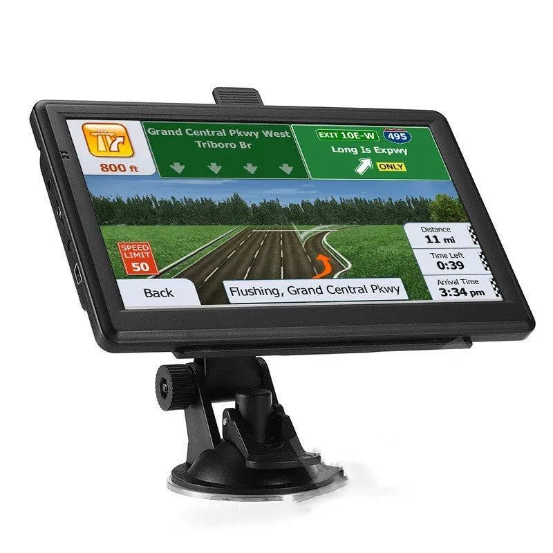 7 inch car GPS navigation device with touch screen displayed on dashboard mount