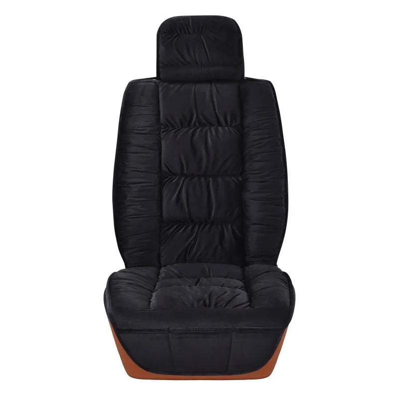 Short plush winter car seat cover in grey, showing fitted design with headrest pocket.