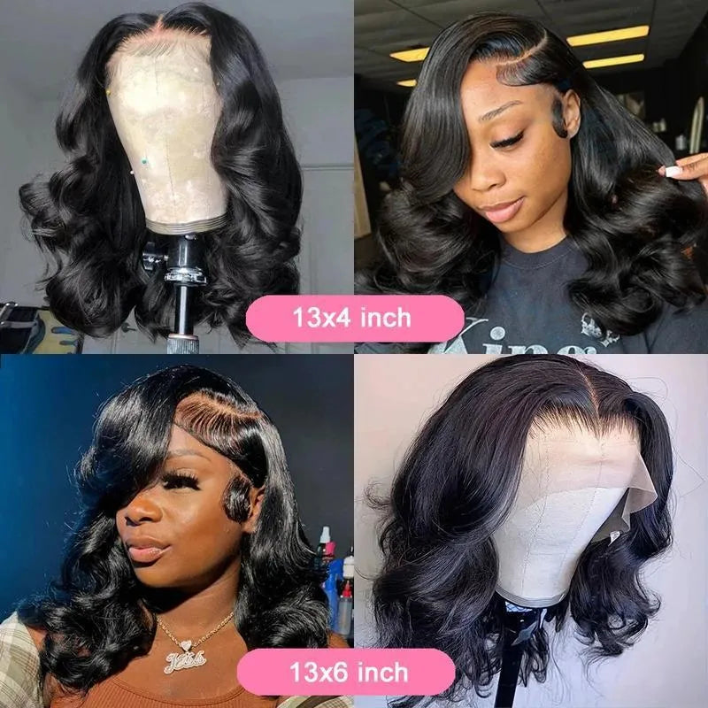 Women's 13x4 lace front human hair wig black wavy curly 16 inches with natural hairline