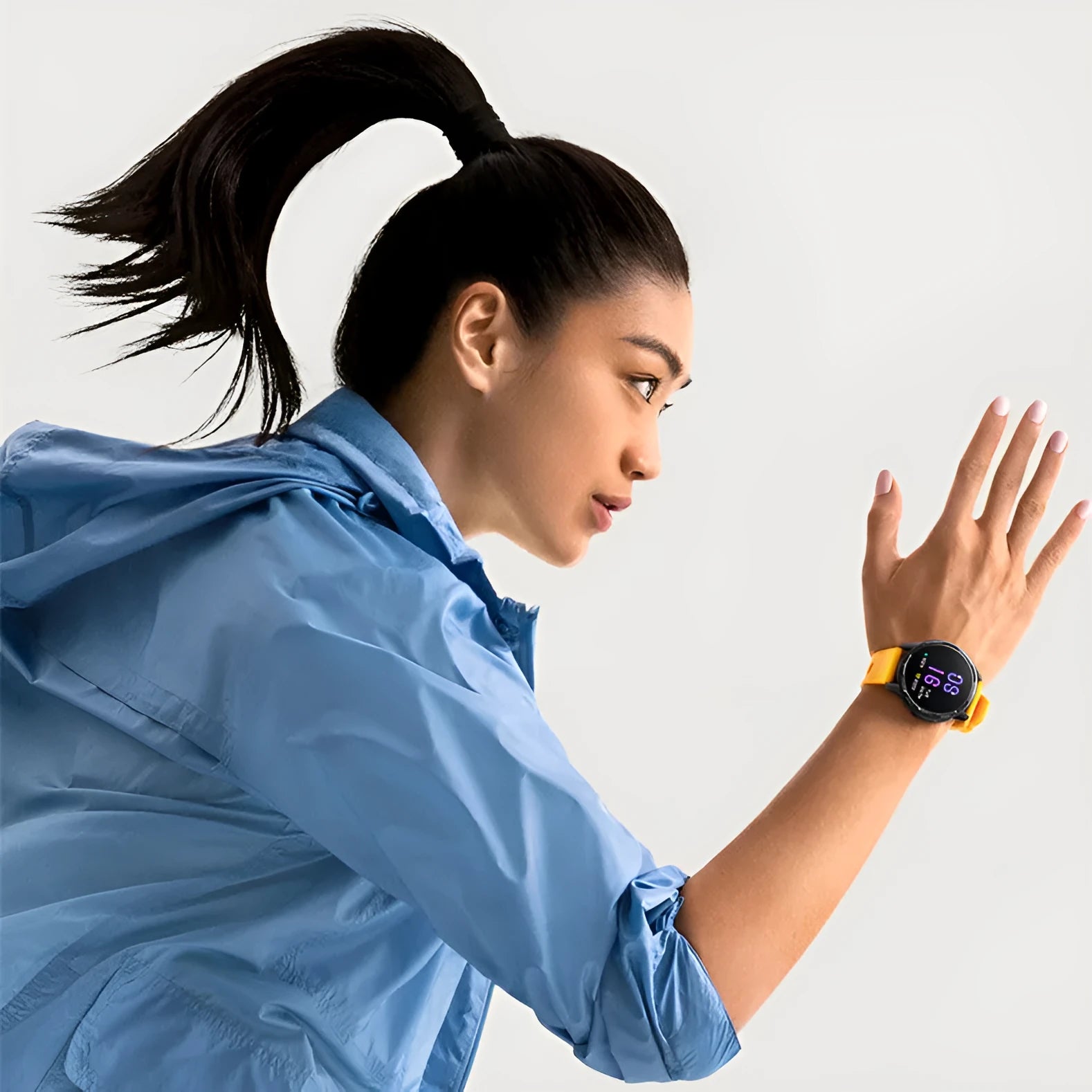 GPS smart watch with 1.43-inch screen in black, white, or blue silicone strap colours