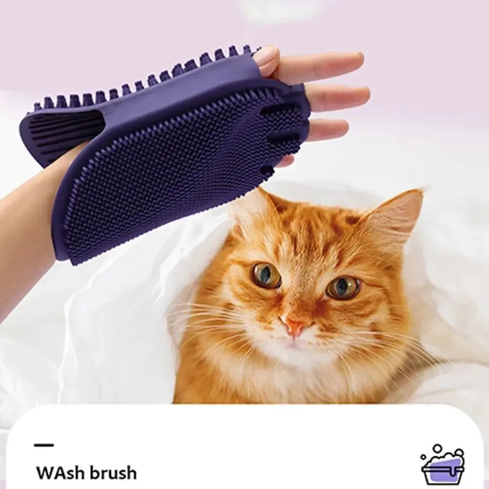 Purple massaging pet shampoo brush with soft TPR bristles, dual-sided dog grooming tool on white background
