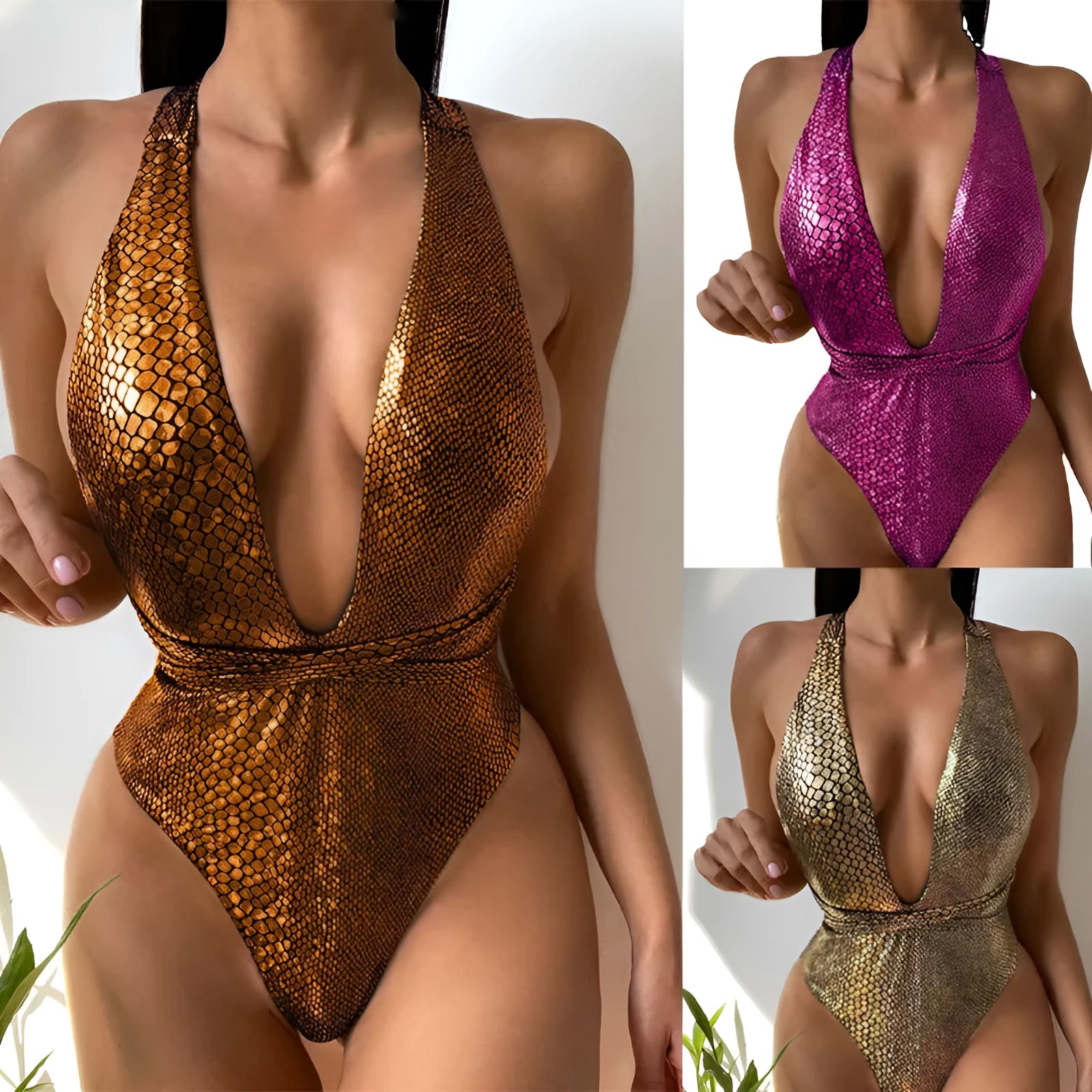 Women's one-piece sequined bikini swimsuit in a choice of colours on a mannequin.