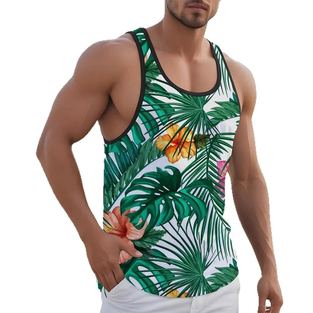 3D printed men's sleeveless Hawaiian style vest in solid colour with tank top design