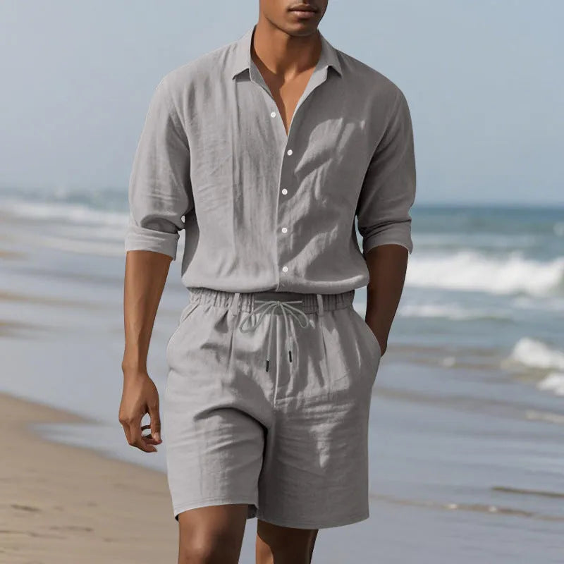 Men's linen beach suit set showing long sleeve shirt and matching shorts in available colours