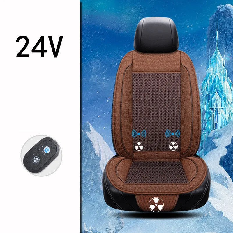 Black minimalist car ventilation seat cushion with power cord on a car seat.