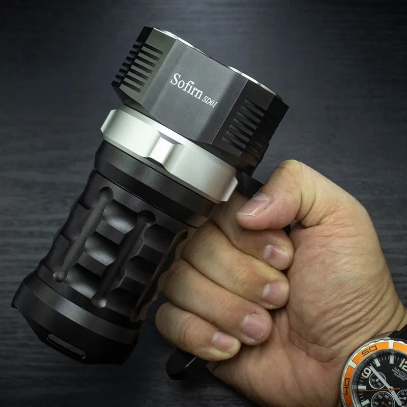 Aluminium alloy diving torch flashlight showing length and design for underwater use.