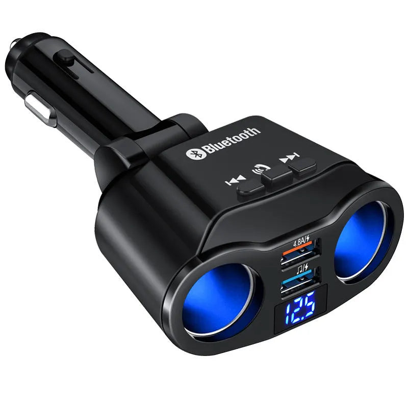 Car Bluetooth FM transmitter with USB charging port plugged into a vehicle cigarette lighter socket