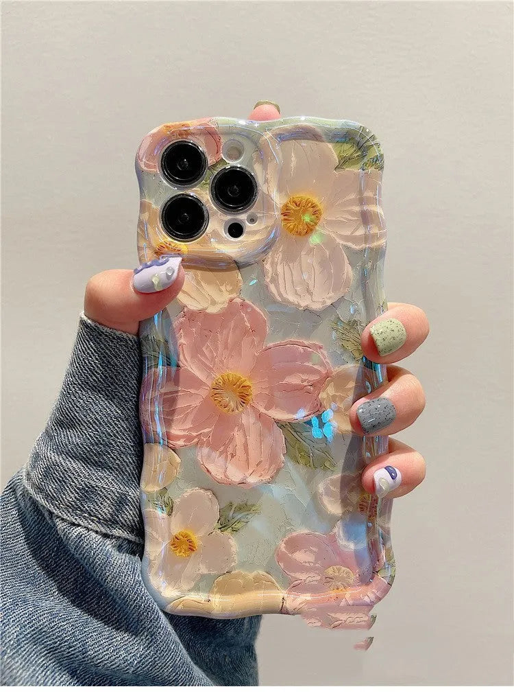 Advanced Art Oil Painting Flower Phone Case with twisted edge and blue light effect, compatible with iPhone models