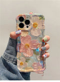 Advanced Art Oil Painting Flower Phone Case with twisted edge and blue light effect, compatible with iPhone models
