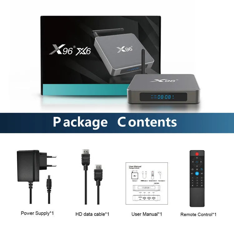 Android Smart TV Set-top Box with remote control, HDMI cable, and power adapter.