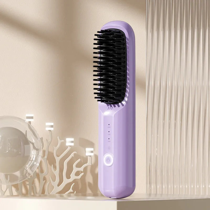 Wireless anion hair straightening comb in beige, black, pink or purple colours