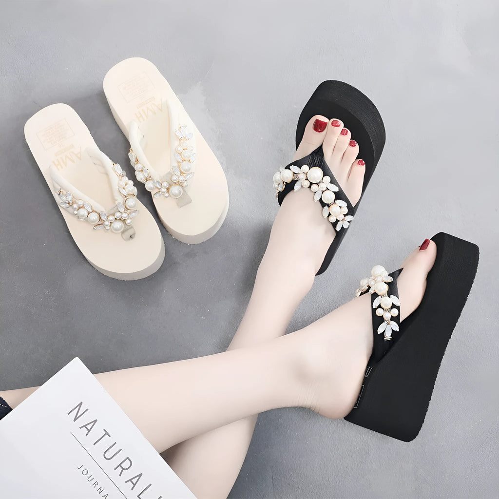 Women's beige high-heeled flip-flop with cotton cloth upper, shown from the side.