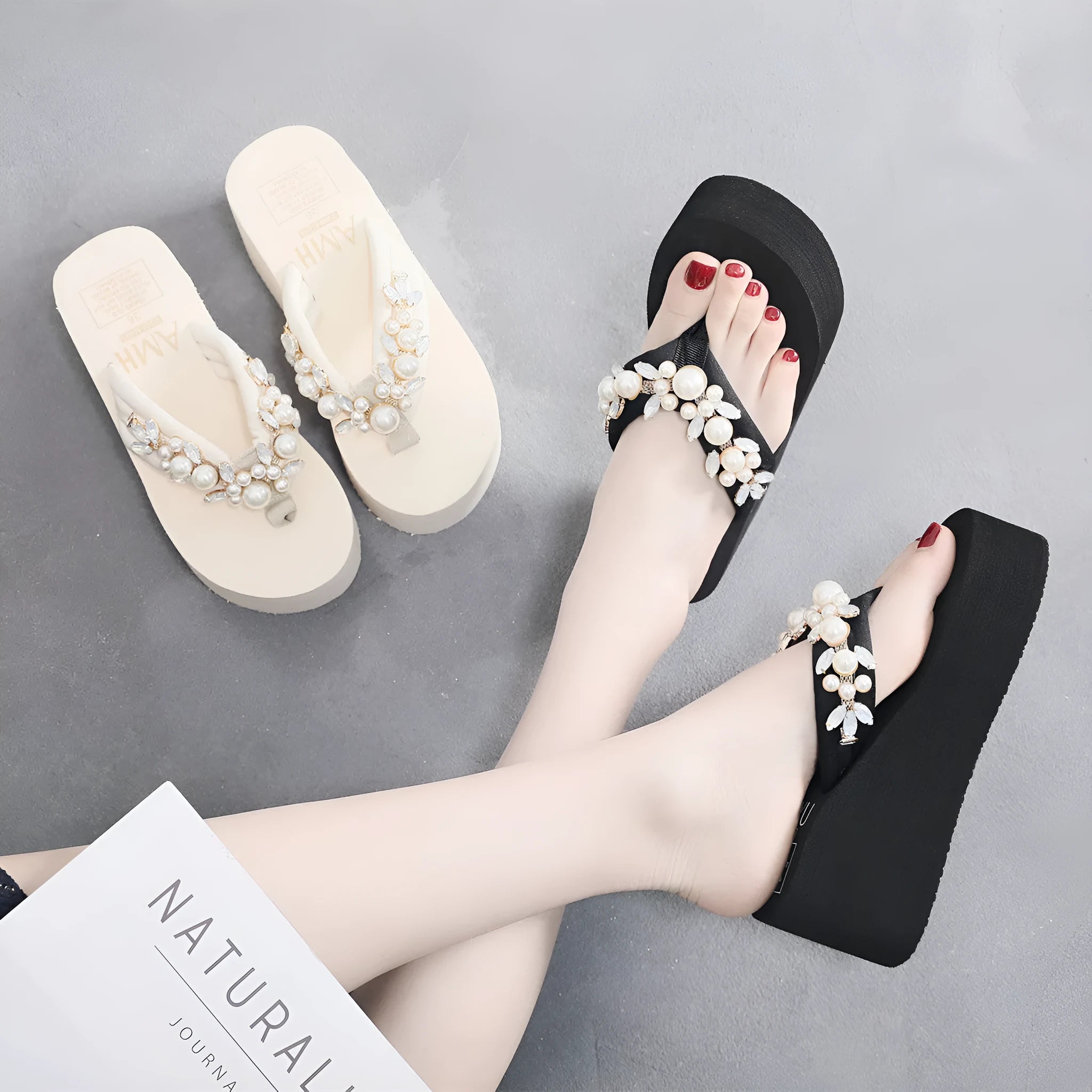 Women's beige high-heeled flip-flop with cotton cloth upper, shown from the side.