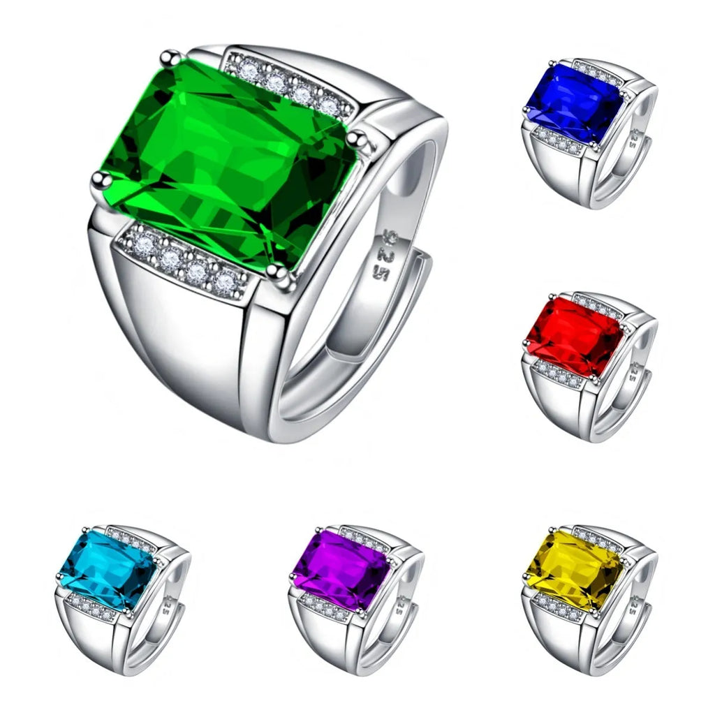 Adjustable open geometric ring with coloured rhinestone setting on copper band.