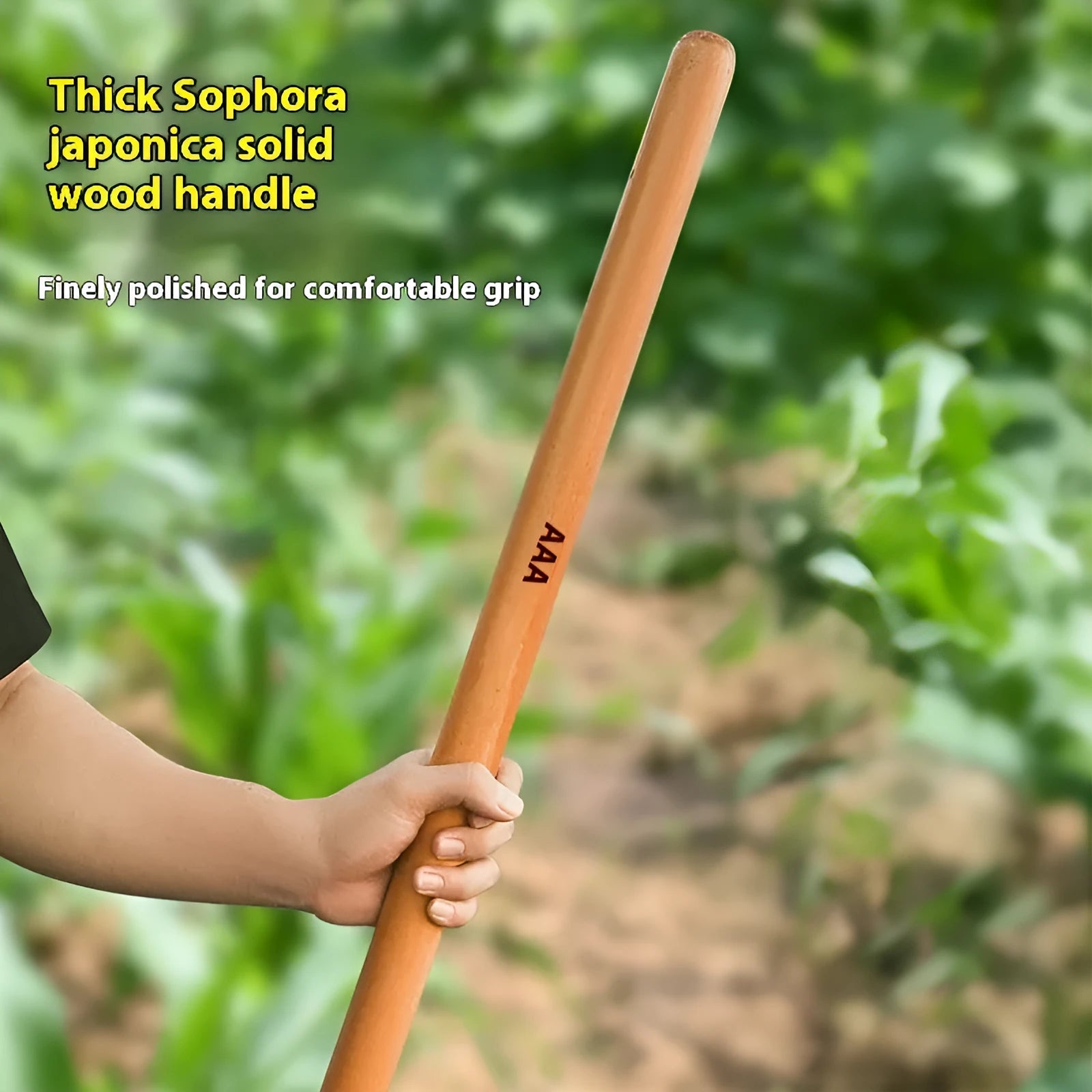 Unfinished locust wood tool replacement handle for axes, sickles, and hoes showing wood grain