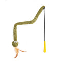 Green snake design cat teasing stick with feather attachment measuring 140cm long