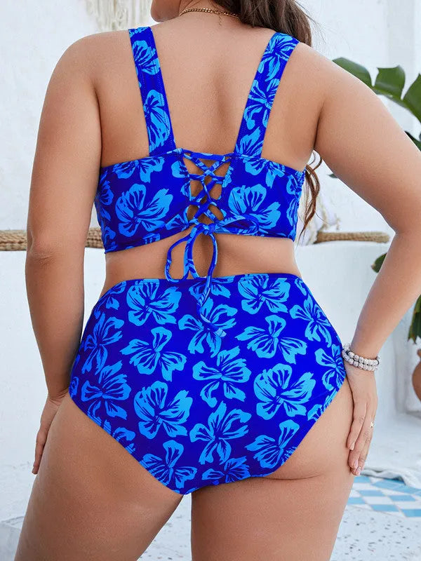Blue floral pattern split bikini swimsuit for women in extended sizes 0XL to 4XL