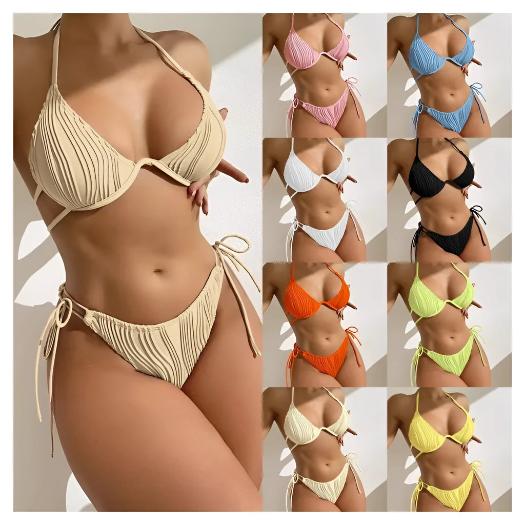 Women's black split bikini swimsuit with steel bracket underbust support showing front and back views