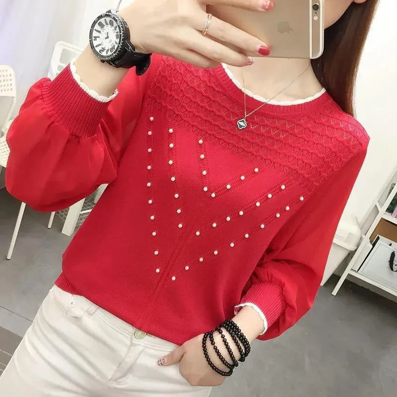 Loose-fit long sleeve round neck women's polyester top in solid colour, available in black, pink, and white.