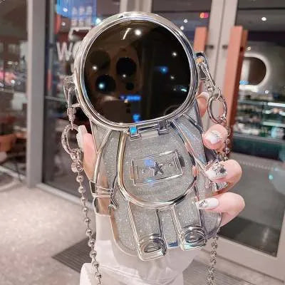 Electroplated TPU astronaut phone case for iPhone 13 with flip mirror and bracket, dark purple gradient glitter finish