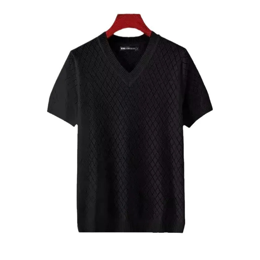 Men's ice silk Korean style T-shirt in black or white with V-neck or round neck options