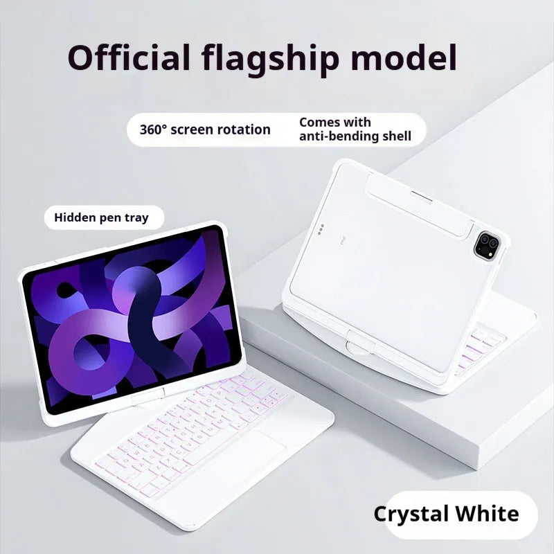 Transparent rotating keyboard protective case for Apple iPad Air 5 with integrated wireless keyboard and stand.