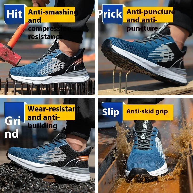 Blue men's low-top safety work shoes with mesh upper, lace closure, and plastic safety toe cap.